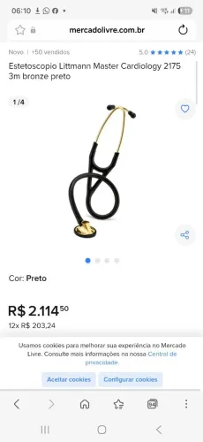 Estetoscópio Cardiology Littmann dourado novo