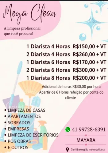 Diarista , faxineira , limpeza de acumulação