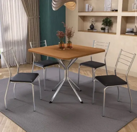 Conjunto de Jantar Compacto 4 Lugares Aço Cromado com Assento em Corino