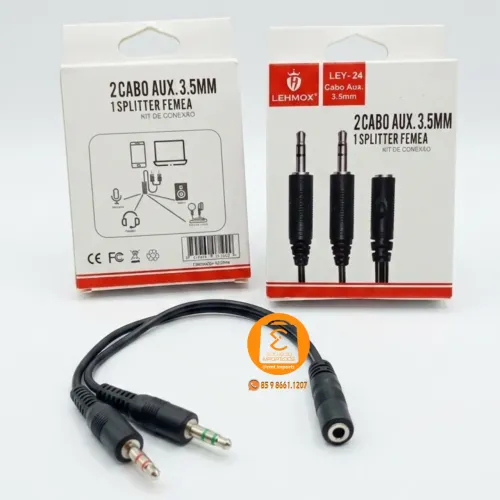 Cabo Adaptador Headset Fone, Microfone - 2 P2 Macho x 1 P2 Fêmea (auxiliar 3.5mm)