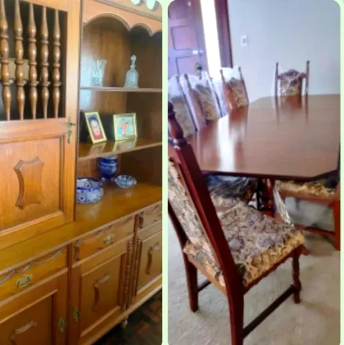 Conjunto de mesa - 8 cadeiras e estante/oratório, entalhadas em madeira nobre