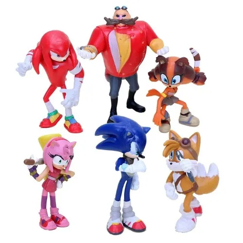 Kit c/06 Bonecos Action Figure: Amy Rose - Eggman Robotinik - Knuckles - Sonic - Sticks -T