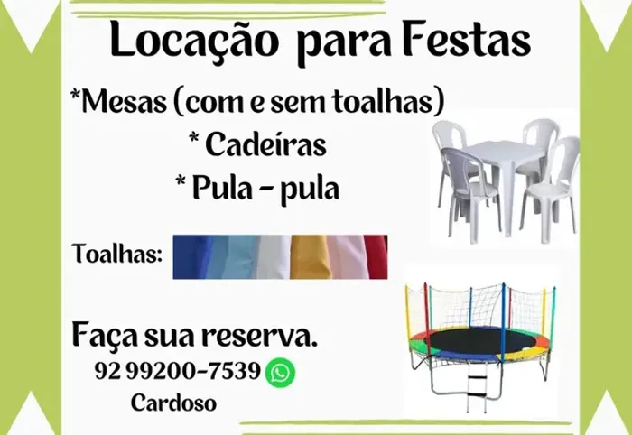 Locação de mesas e cadeir + pulapula+ casinha de bolinha + escorregador 