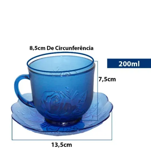 Xicara Cha Azul Rosas 200ml 12 Pçs (c/pires) Vd58