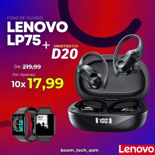 Kit Fone Bluetooth Lenovo LP75 + Smartwatch D20 | Garantia | Pronta Entrega