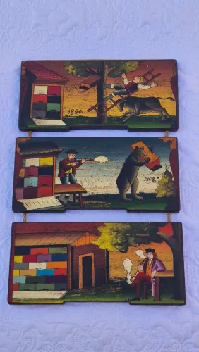 Conjunto de 3 painéis de colmeia eslovenos pintados à mão - Decoração artesanal
