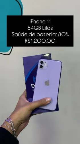 iPhone 11 Lilás / 64GB / saúde de bateria: 80% / Original / Loja física / $1.200,00