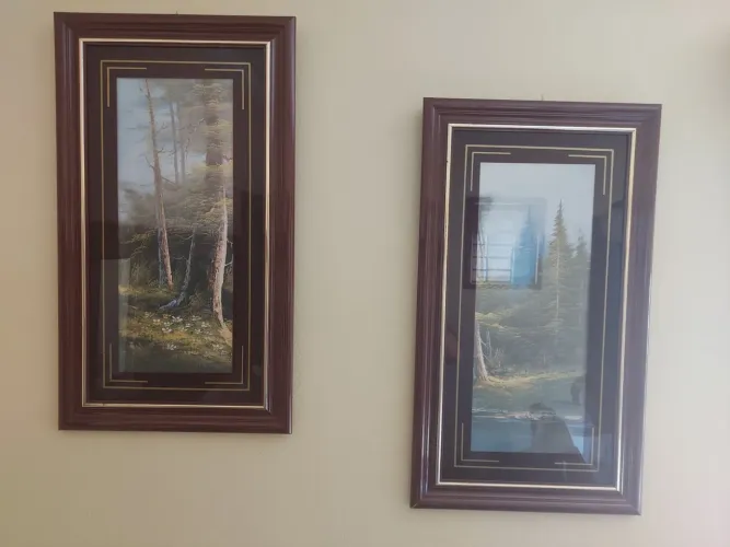 Quadros de paisagem em moldura de madeira e vidro. 