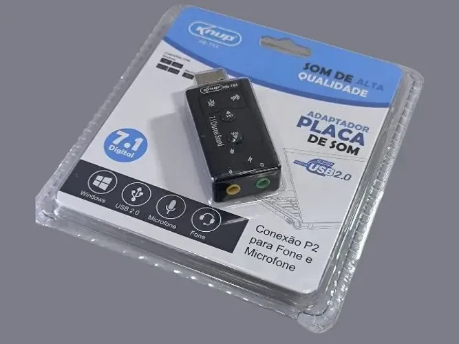 Placa de Som USB Externa Knup 7.1 com Entrada P2 Fone e Microfone