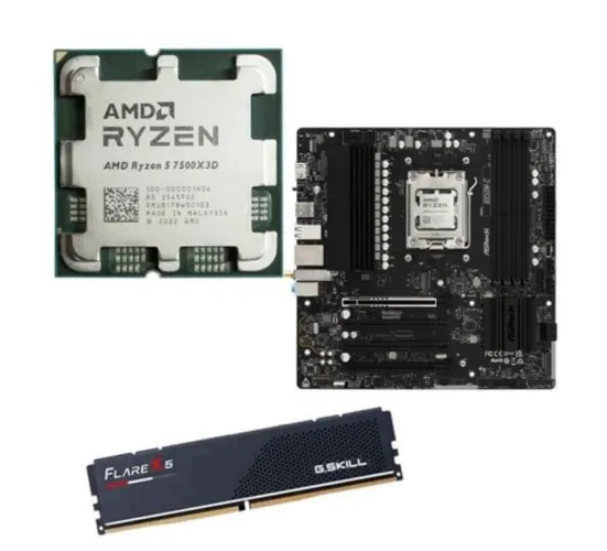 Kit AM5: Rysen 7500X3D. Memória G.Skill 32GB DDR5-6000 (2x 16GB). ASRock B850M-C