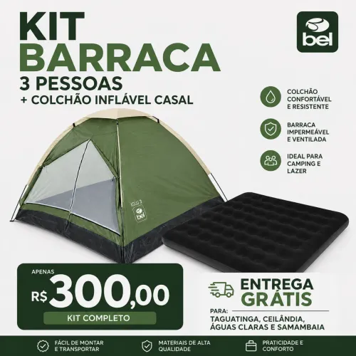KIT BARRACA 3 PESSOAS E COLCHÃO INFLÁVEL CASAL 