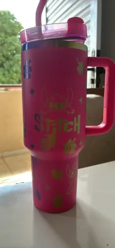 Copo térmico stich rosa 1.2L com canudo de inox