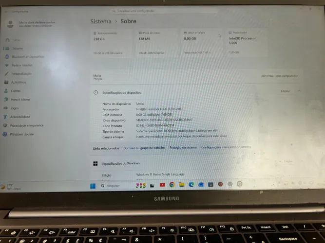 Notbook sansung galaxy book4 intel U300 8gb 256gb 