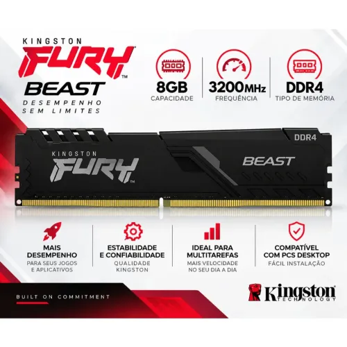 Memória DDR4 Kingston Fury Beast 8GB 3200MHz KF432C16BB/8 NOVA LACRADA