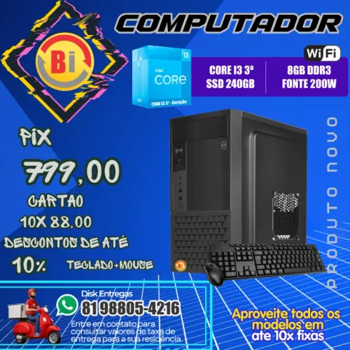 Pc Intel I3 3º Geração 8gb Ssd 240gb Teclado E Mouse Usb Wifi - Em ate 10x Fixas
