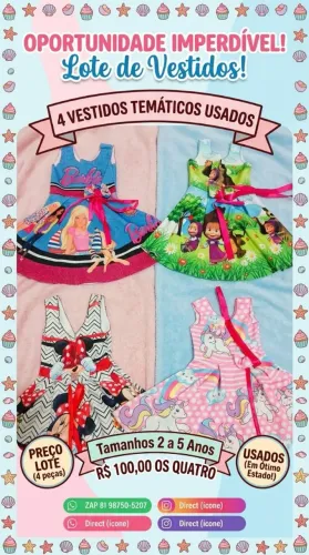 Lote com 4 vestido Temático Por 100 T 2 a 4 anos. .