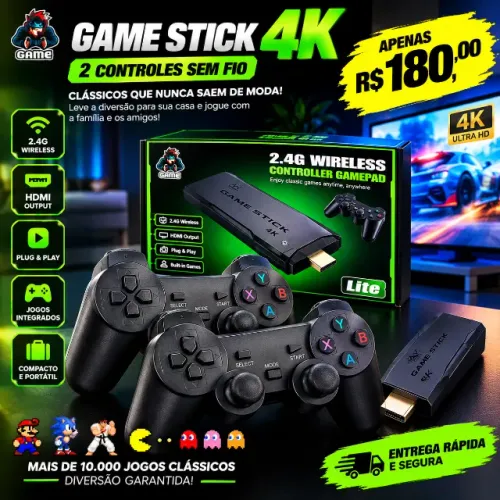 Game Stick 4K com 2 Controles Sem Fio e Jogos