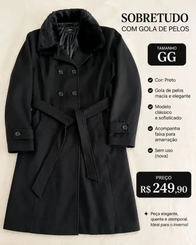 Casaco feminino sobretudo preto gg Novo.