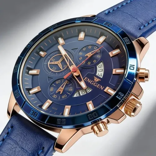 Relógio de Pulso em Quartzo Bonito Elegante e Casual Caixa Azul Pulseira Couro Azul FNGEEN