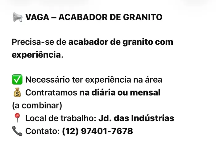 Vaga p acabador de granito c experiência