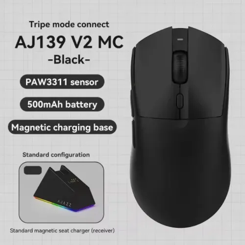 Mouse Gamer Ajazz AJ139 V2 MC, 12000DPI, 6 Botoes, Tri-Mode, Preto e Branco, 12x 18,93