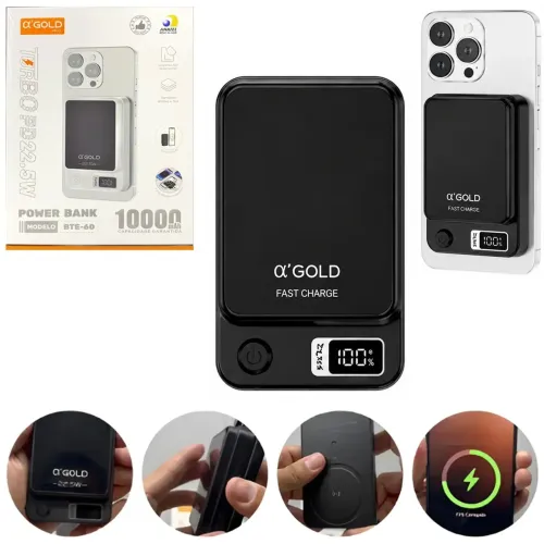 Carregador Portátil Power Bank Magnético 10.000mAh Sem Fio 15W Turbo 22.5W PD, Preto