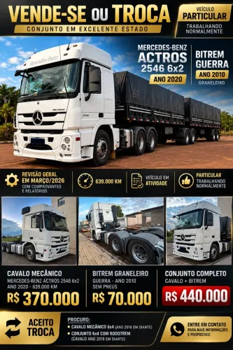 Mercedes Actros 2546 6x2 2020 engatado em Bitrem Guerra
