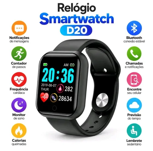 RELÓGIO SMARTWATCH D20 INTELIGENTE BLUETOOTH UNISSEX