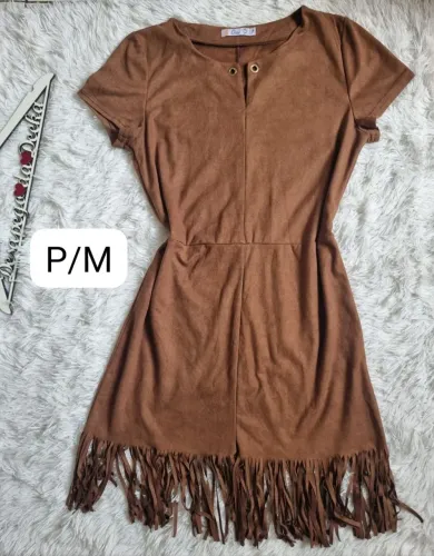  Vestido de Suede Marrom com Franjas - Tam P/M