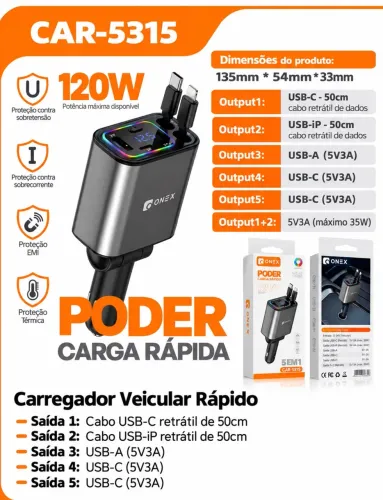 Carregador Veicular 120W Turbo 4 Em 1 Com 2 Cabos Retrátil Para Iphone E Android