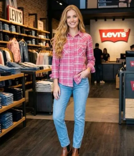 Camisa Western Levi's Xadrez - Rosa Manga Longa Original - Tam M <br>