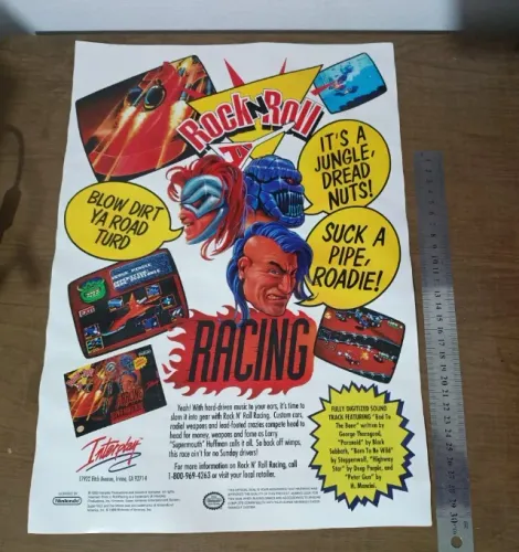 Material de divulgação Rock'n Roll Racing SNES Pré-lançamento (1993), original da época.