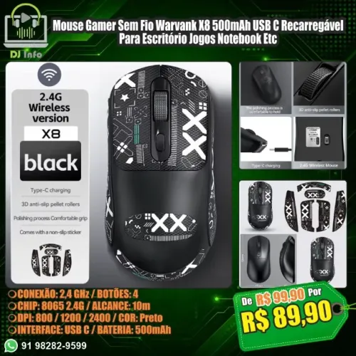 Mouse Gamer Sem Fio Warvank X8 500mAh USB C Recarregável