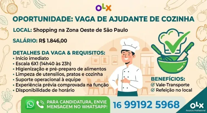 Ajudante de cozinha - Zona Oeste (SP)