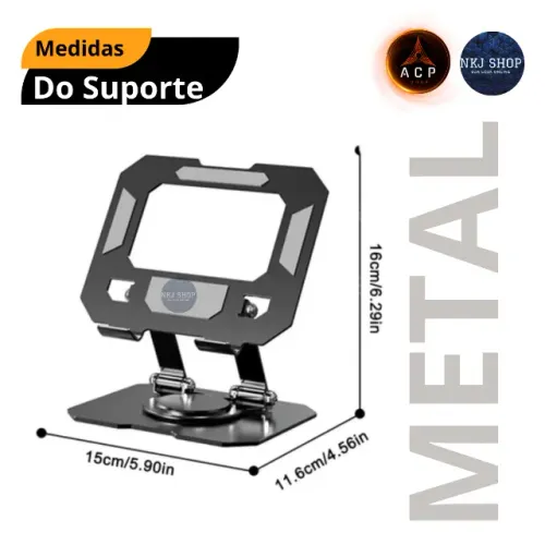 Suporte Celular e Tablet Metal Alumínio 360º Ajustável Dobrável Base Firme Antiderrapante