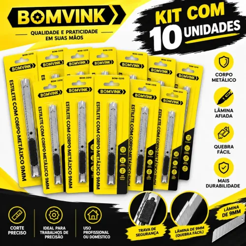 Kit com 10 Estilete Profissional Metal 9mm Inox Para Acabamento Preciso