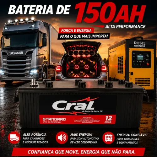 Bateria 150Ah Cral 1 Ano de Garantia -Caminhão, Gerador, Som Automotivo - Fazemos Entregas