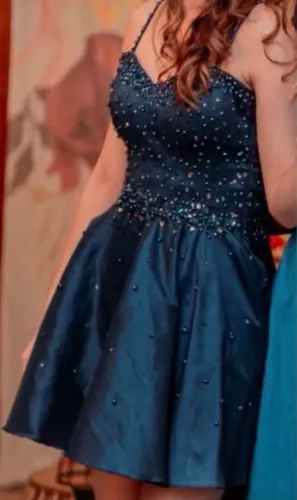Vestido de festa azul marinho com pedraria. Usado 1x