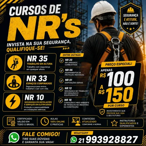 CURSOS NR COM CERTIFICADO NO MESMO DIA! NR 35,33,10,20,06,01,18,12....