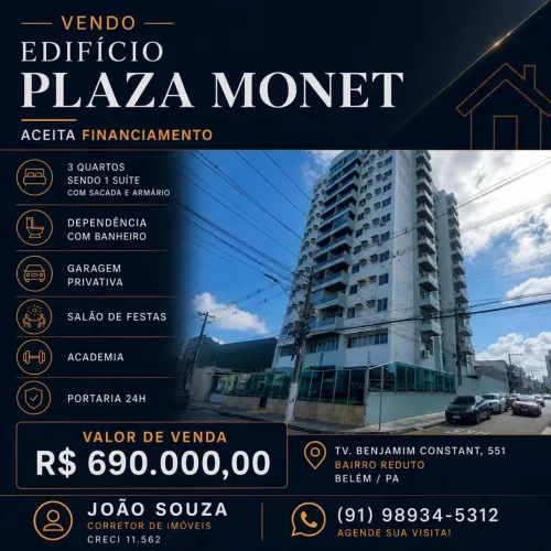 Vendo apartamento 3 quartos 1 suíte ed. Plaza Monet 113 m2 na T, Benjamin Constant em Re