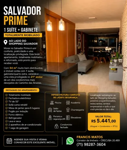 SALVADOR PRIME | 1 SUÍTE + GABINETE | TOTALMENTE MOBILIADO | AO LADO DO SHOPPING SALVADOR