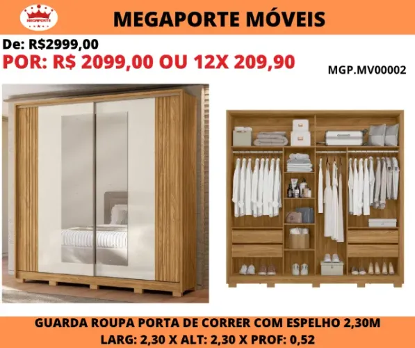 Guarda Roupa Casal Dunas Portas de Correr C/Espelho