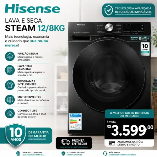 LAVA E SECA HISENSE 12KG LAVA / 8KG SECA - NOVA | R$ 3.599