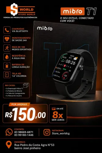 Relógio Inteligente Mibro T1 frequência Cardíaca, Notificação, esportes. Loja Store World