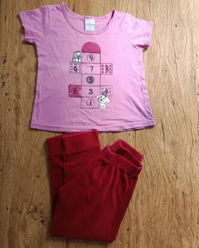 Kit Infantil Menina Camiseta Rosa e Calça Vermelha - Tam 3