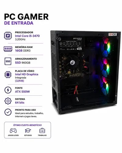 PC Gamer de Entrada i5-3470, 16GB RAM, SSD 960GB e RGB - Ideal para Estudos e Jogos Leves