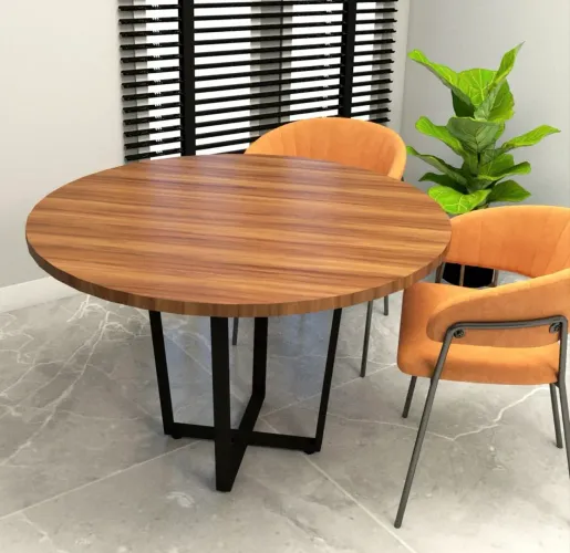 Mesa de Jantar Industrial Redonda - MDF Amadeirado + Estrutura em Metal