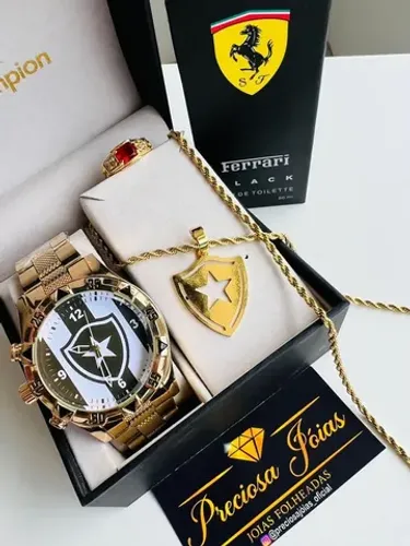Kit relógio botafogo + cordão e medalha em aço inoxidável banhado e anel