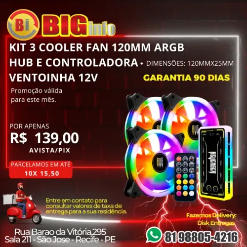 Kit 3 Cooler Fan Led RGB, 120mm Computador