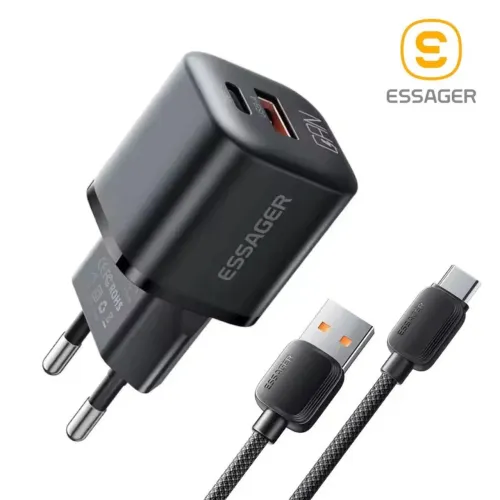 Carregador PD20W Essager + Cabo 100W 7A USB-A Tipo C 1 Metro Essager<br>